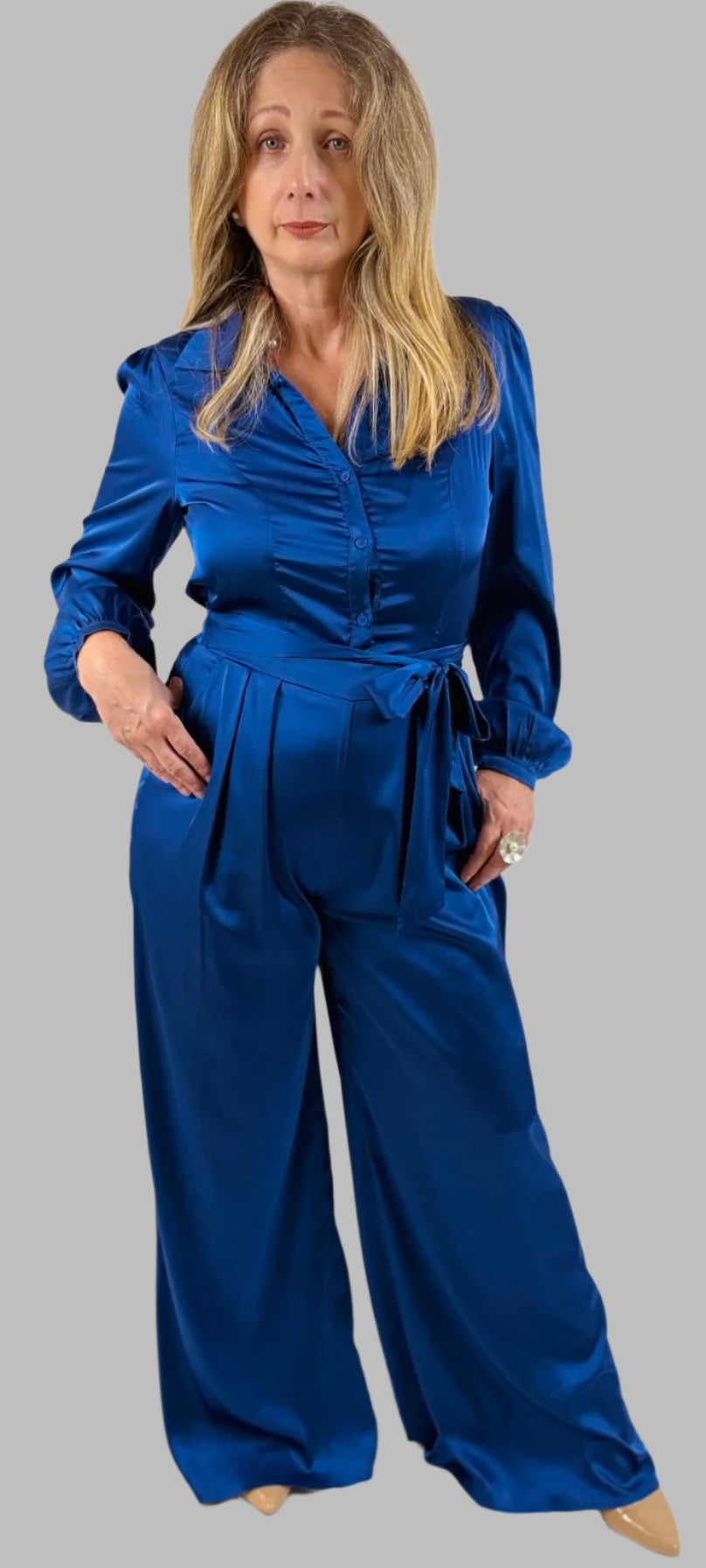 Blue Royal Buttom Down Satin Jumpsuit