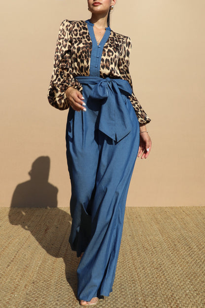 Leopard Long Sleeves Satin Jumpsuit