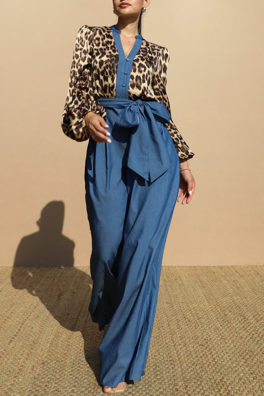 Leopard Long Sleeves Satin Jumpsuit