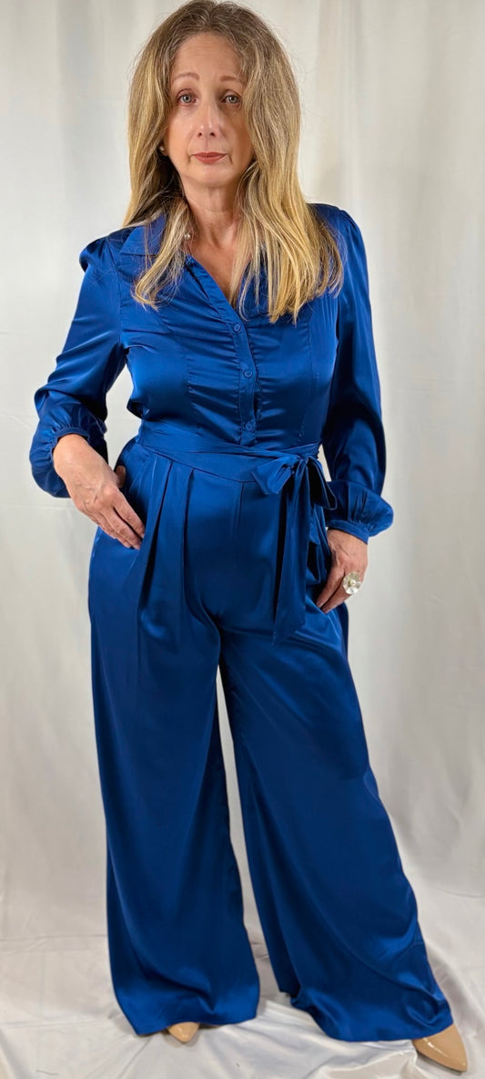 Blue Royal Buttom Down Satin Jumpsuit